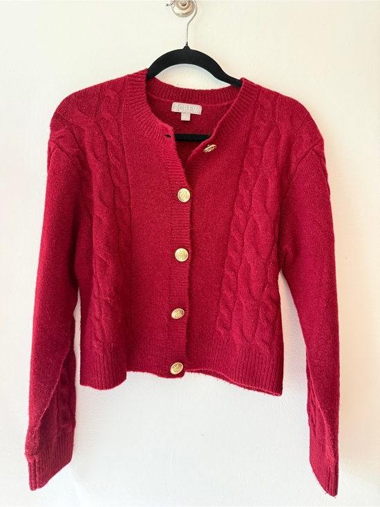 J. Crew Sweaters - J. Crew Deep Red Cable-Knit Wool Cardigan with Gold Buttons - Size Small